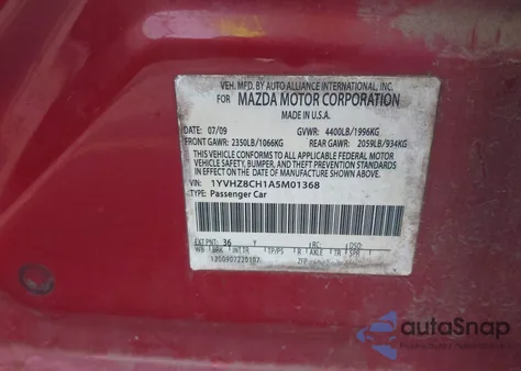 2010 Mazda Mazda6 I Touring z USA, uszkodzony, nr VIN 1YVHZ8CH1A5M01368